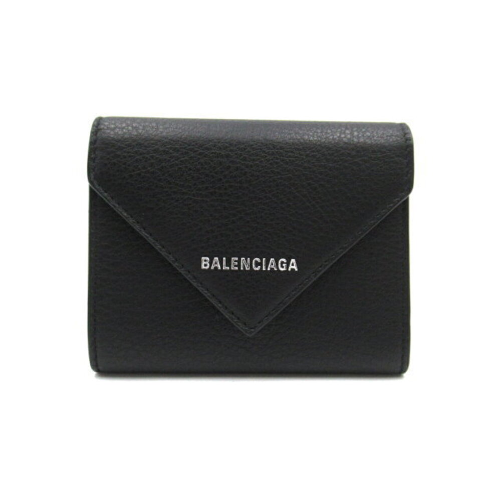 Balenciaga PAPIER Compact Tri fold Wallet Calfskin Leather Black